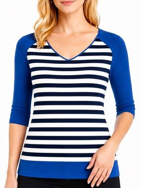 Worthington Striped V-Neck 3/4 Sleeve Top